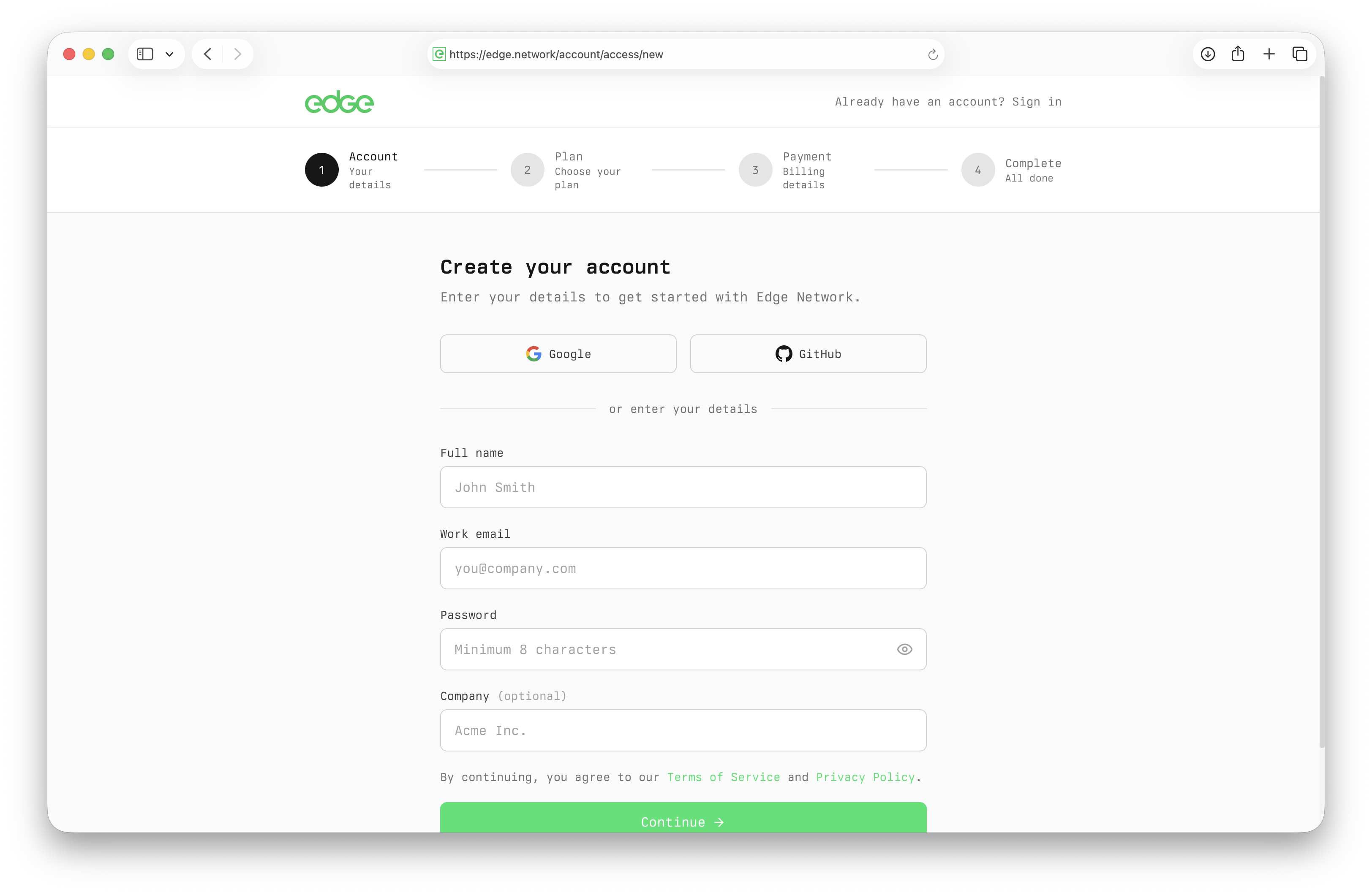 Edge signup form